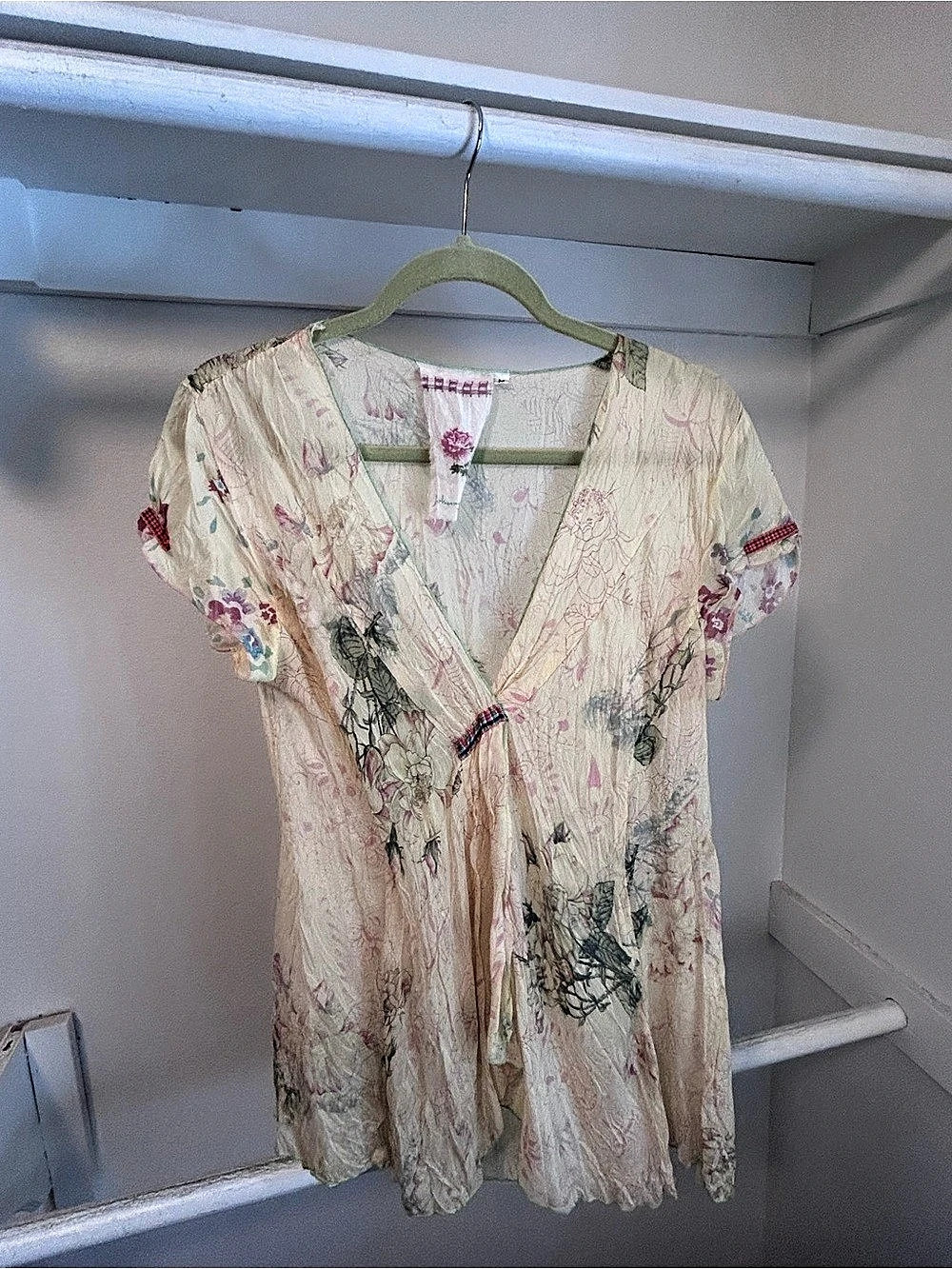 Vintage 90s Johnny Was Blouse Pale Yellow & Pink Fairycore Floral Design Size M